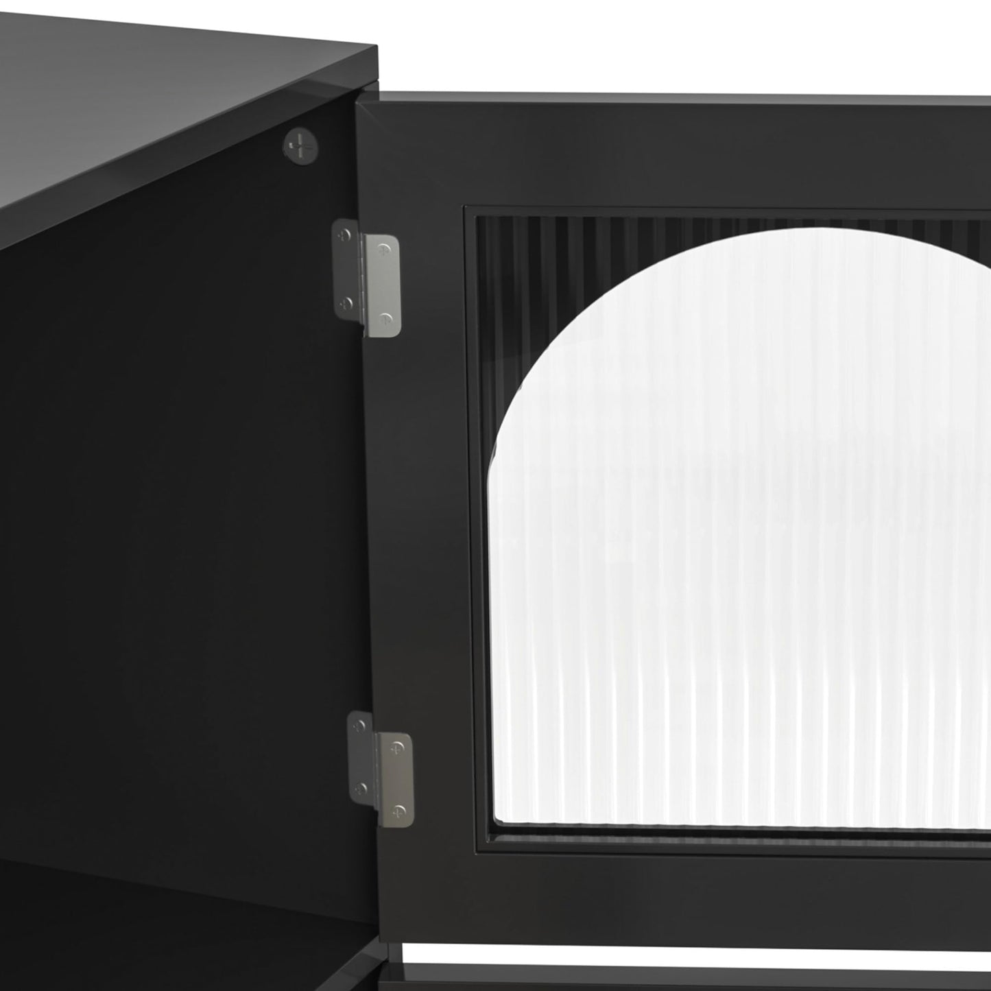 Buffet Salon Moderne, Longue Porte en Verre au Design Arc-en-ciel, Porte de Bar à clés de Piano, Pieds de Colonne Ronds, Armoire de Rangement Élégante, Armoire de Buffet au Design Unique, Blanc/Noir