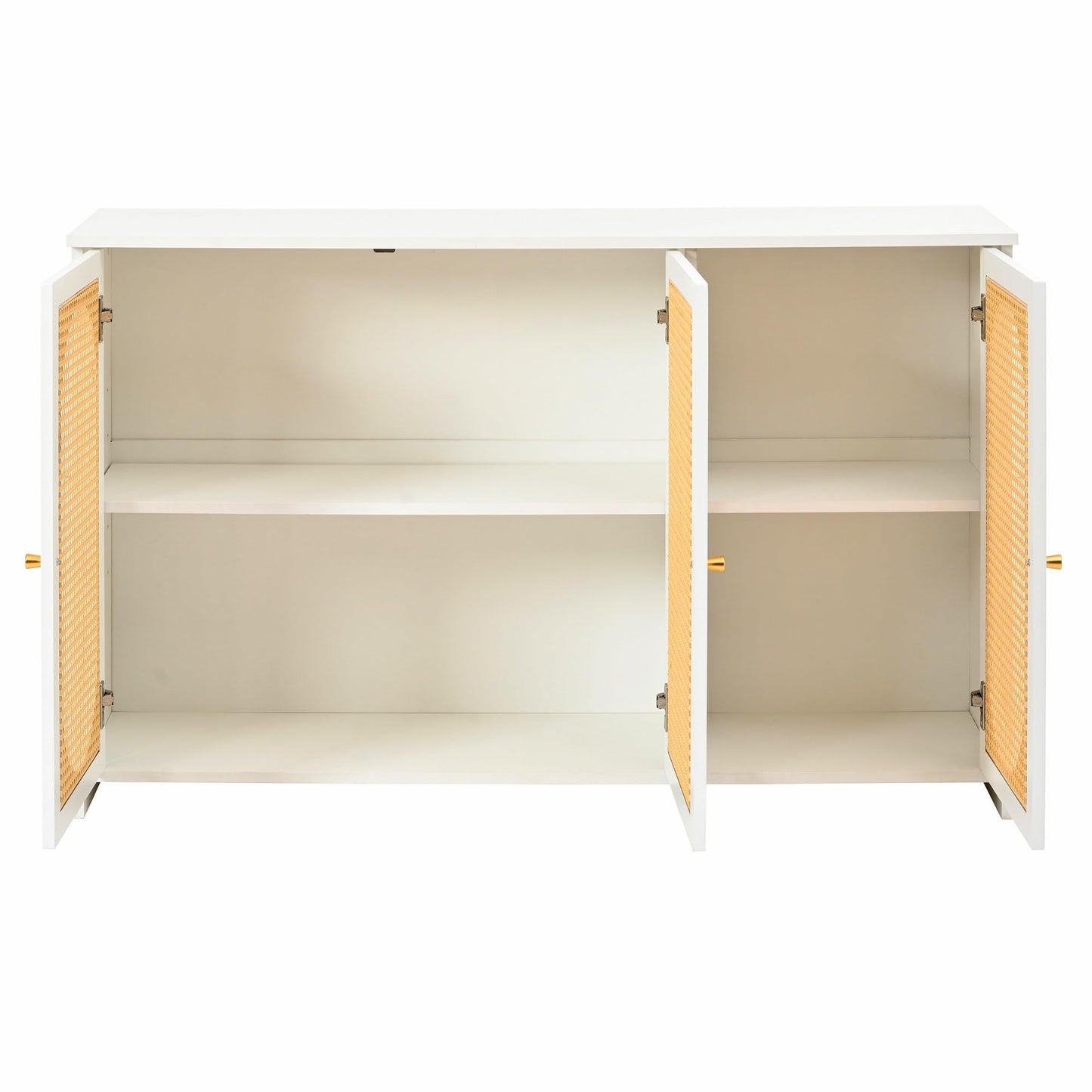 Buffet Cuisine de Style Bohème Bahut avec 3 Portes, Grand Espace de Rangement, Portes en Rotin Artificiel et Poignées en Métal, Meuble D'appoint Moderne pour Salle à Manger, Salon et Entrée (Noyer)