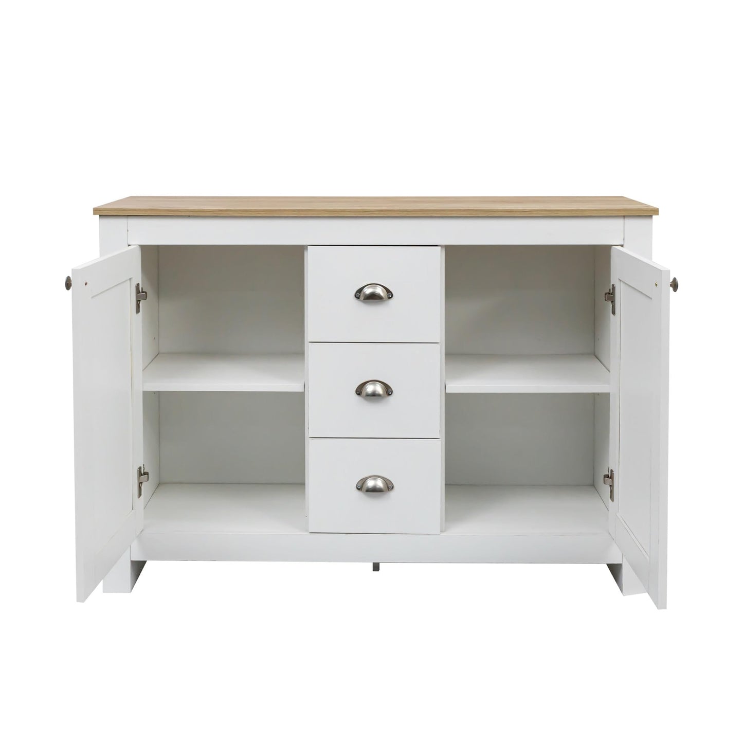 Buffet Bois Blanc Chaud avec 2 Portes et 3 Tiroirs, Meuble Buffet Simple et Élégant, Poignées Argentées, Étagère Réglable, Charnières à Fermeture Douce, pour Salon, Cuisine, Entrée, 116x35x81 cm