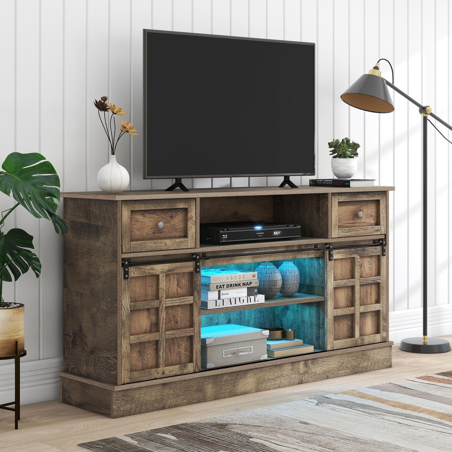 Meuble TV 150 cm Longueur Banc TV Gris Marron avec 2 Portes Coulissantes, 9 Compartiments de Rangement, 2 Tiroirs, Éclairage LED 16 Couleurs, Style Ferme Rétro en Grain de Bois pour TV Jusqu'à 60"