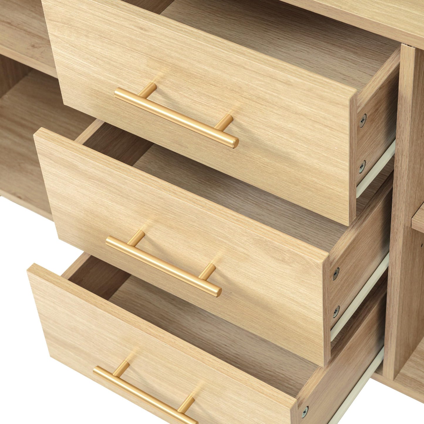 SHUGUANG Buffet Salon Style Bohème avec 2 Portes en Rotin et 3 Tiroirs, Commode Cuisine, Vaisselier Chambre, Meuble de Rangement Bois, Étagères Réglables, Anti-basculement, 120 x 40 x 74 cm, Chêne