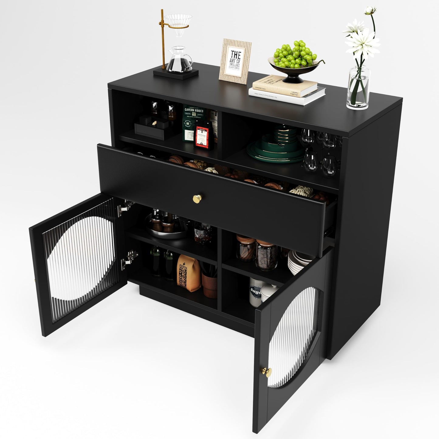 Buffet Salon avec Portes en Verre, Meuble de Cuisine Moderne de Luxe avec 1 Tiroir, 2 Portes et 2 Cloisons Ouvertes, Bahut Buffet de Salle à Manger, 100 × 40 × 90,5cm, Facile à Assembler, Blanc/Noir