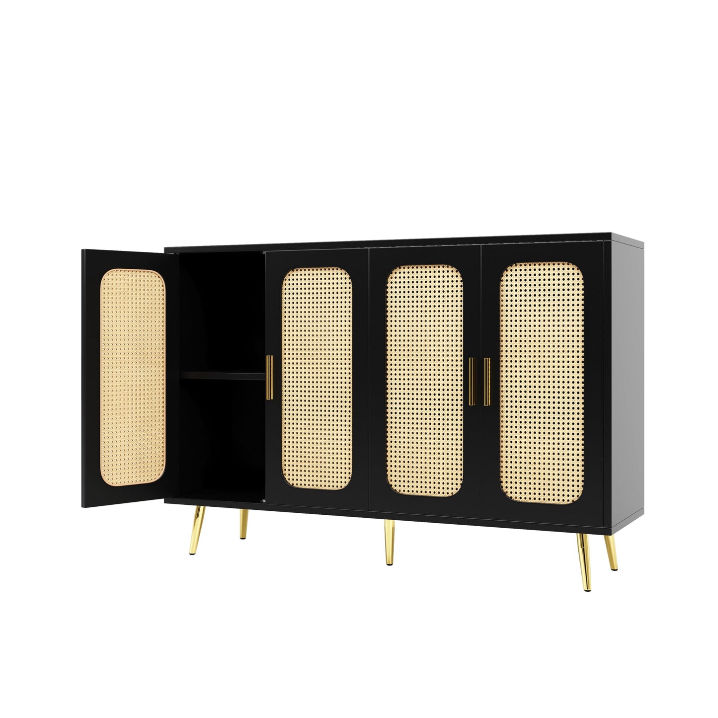 Buffet de Salon Simple et Moderne, Bahut Latérale en Rotin, Armoire de Buffet Bois Indépendante, Armoire de Cuisine, Poignées et Pieds Dorés, Conception Anti-basculement, Noir, 120 x 30 x 89 cm