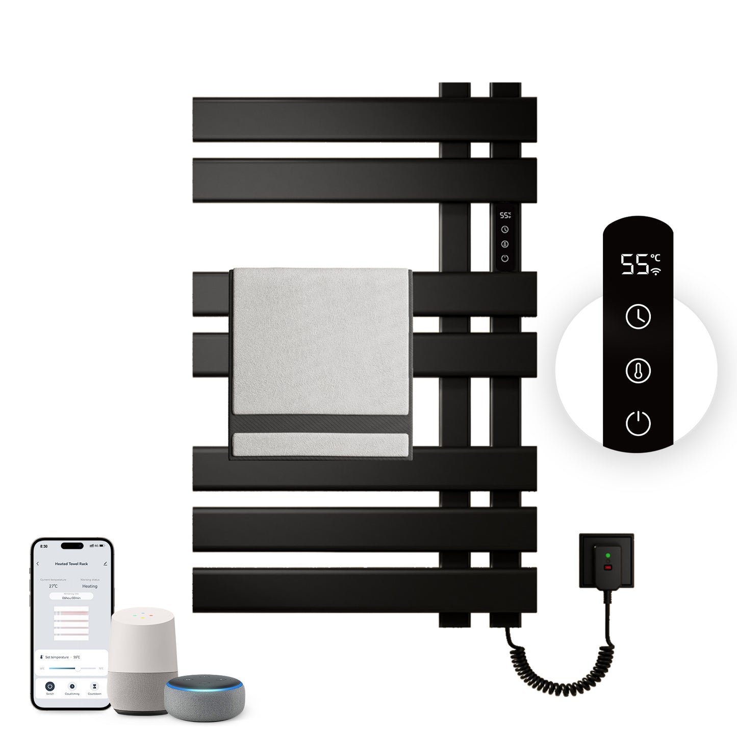Sèche serviettes électrique,450x720mm WIFI Porte serviettes électrique,235W Porte serviettes thermostatique intelligent,Avec interrupteur tactile et minuterie,Compatible Google Home et app contrôle