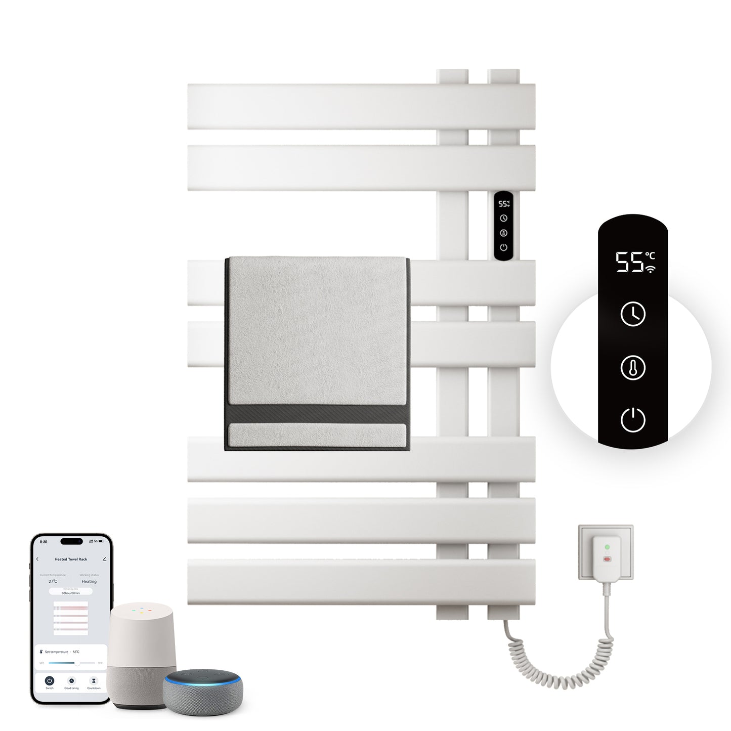 Sèche serviettes électrique,450x720mm WIFI Porte serviettes électrique,235W Porte serviettes thermostatique intelligent,Avec interrupteur tactile et minuterie,Compatible Google Home et app contrôle