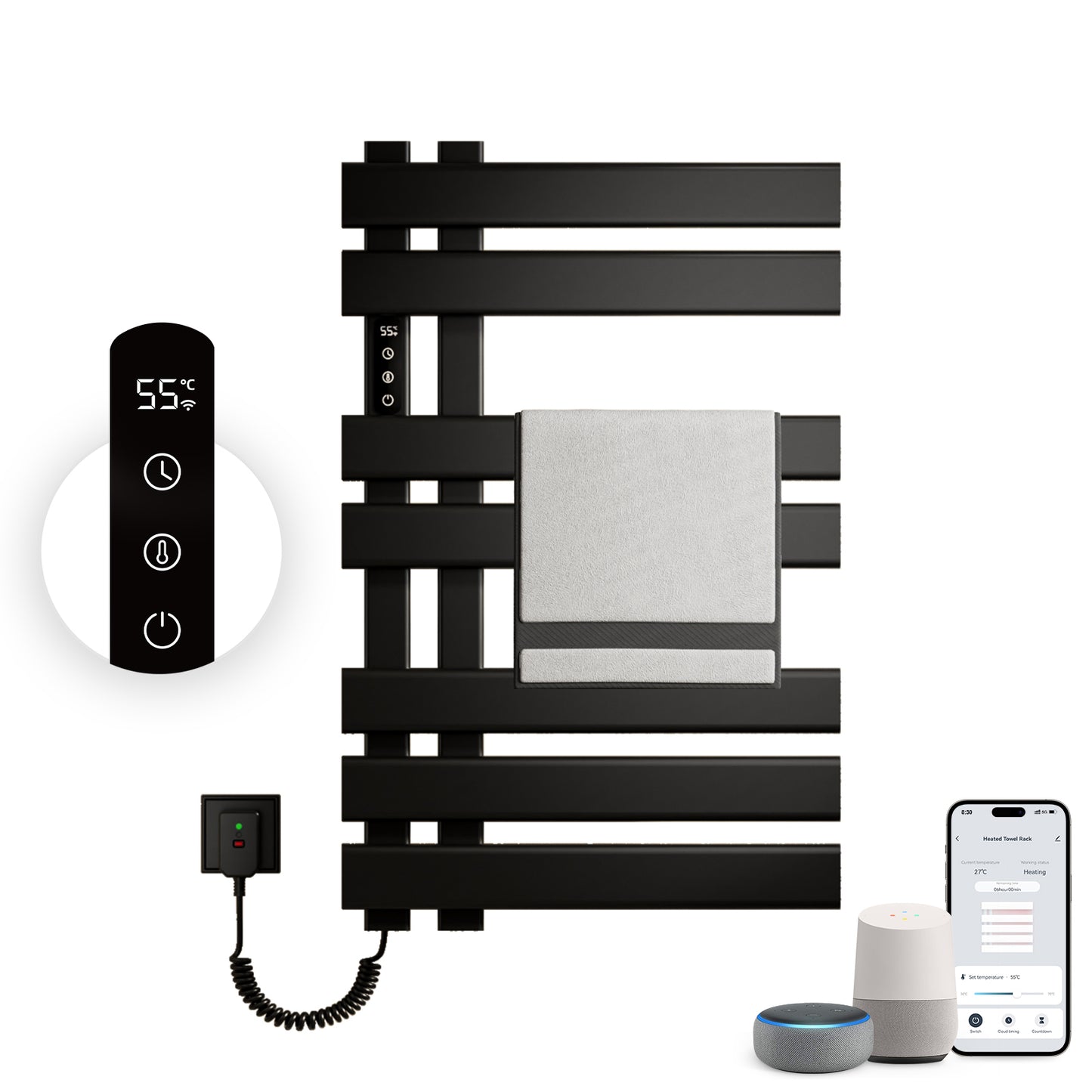 Sèche serviettes électrique,450x720mm WIFI Porte serviettes électrique,235W Porte serviettes thermostatique intelligent,Avec interrupteur tactile et minuterie,Compatible Google Home et app contrôle