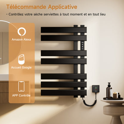 Sèche serviettes électrique,450x720mm WIFI Porte serviettes électrique,235W Porte serviettes thermostatique intelligent,Avec interrupteur tactile et minuterie,Compatible Google Home et app contrôle