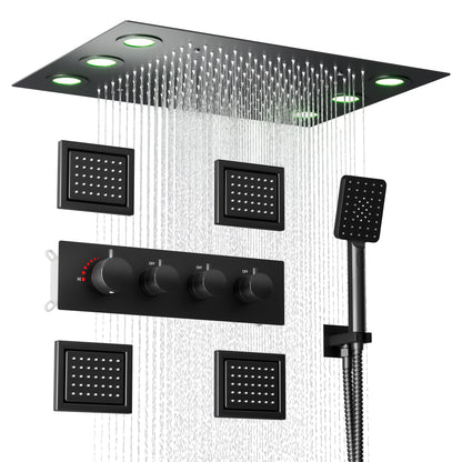 Colonne De Douche,Multifonctionnel Colonne De Douche Thermostatique Noir,Colonne Douche Encastrable,Avec Douche De Tête,Douchette À Main,Lumières LED Colorées,Jet Latéral De 4 Pouces Ensemble Douche
