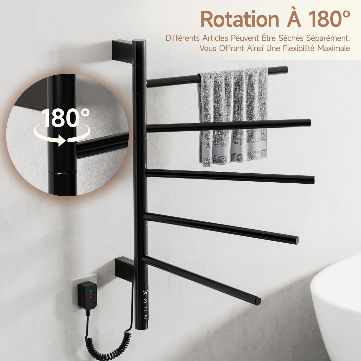 Sèche-Serviettes Électrique 660×420mm ,Avec 5 Rotations À 180° Serviettes Électrique,Avec Écran Tactile LED,réglage De La Synchronisation Et De La Température Chauffe Serviette Salle De Bain