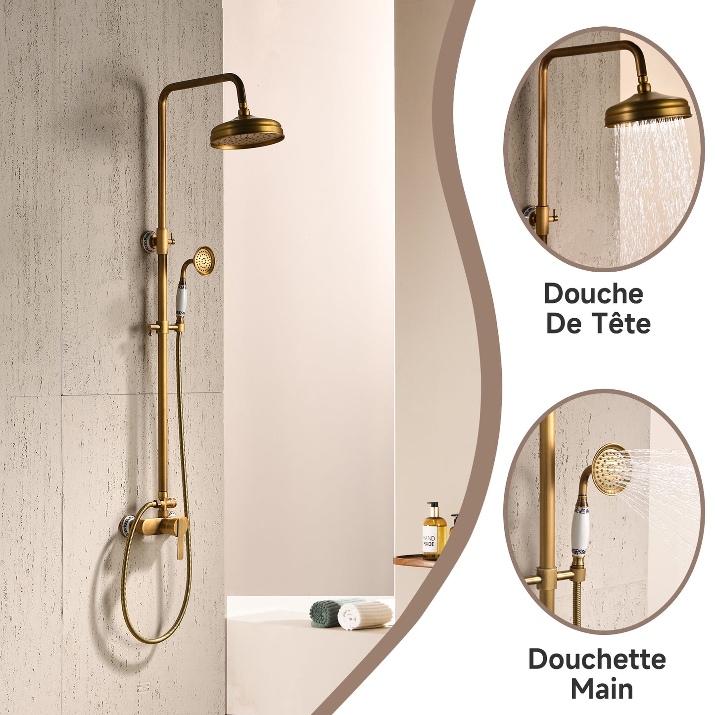 Colonne De Douche,Rétro Système De Douche,Colonne Douche Multifonctionnelle,Set De Douche Avec Rotatif Tête De Douche,Douchette À Mains,Réglable Douche Barre,Ensemble De Colonne De Douche Or Brossé