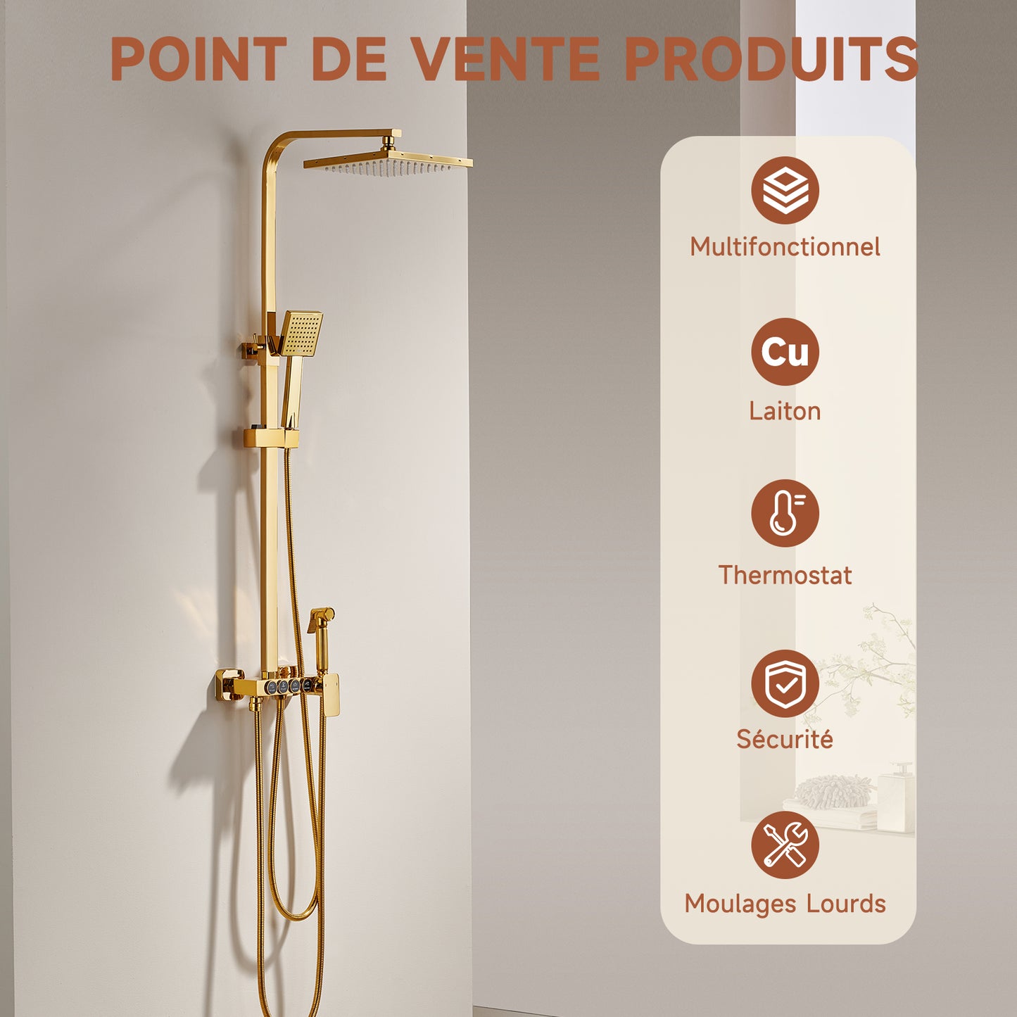 Colonne De Douche,Rétro Colone De Douche,Or Brossé Colonne De Douche Thermostatique,Multifonctionnel Colonne Douche Avec Tête De Douche,Douchette À Mains,Robinet De Baignoire,Bidet Pulvérisateur