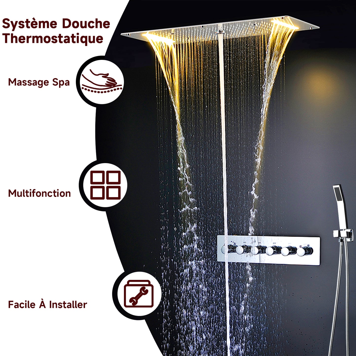 Colonne De Douche,Multifonctionnel Colonne Douche Encastrable,Colonne De Douche Thermostatique Chromé,Douche De Tête 70 Cm,5 Modes De Douche,Avec Douchette À Main Colonne De Douche Sans Mitigeur