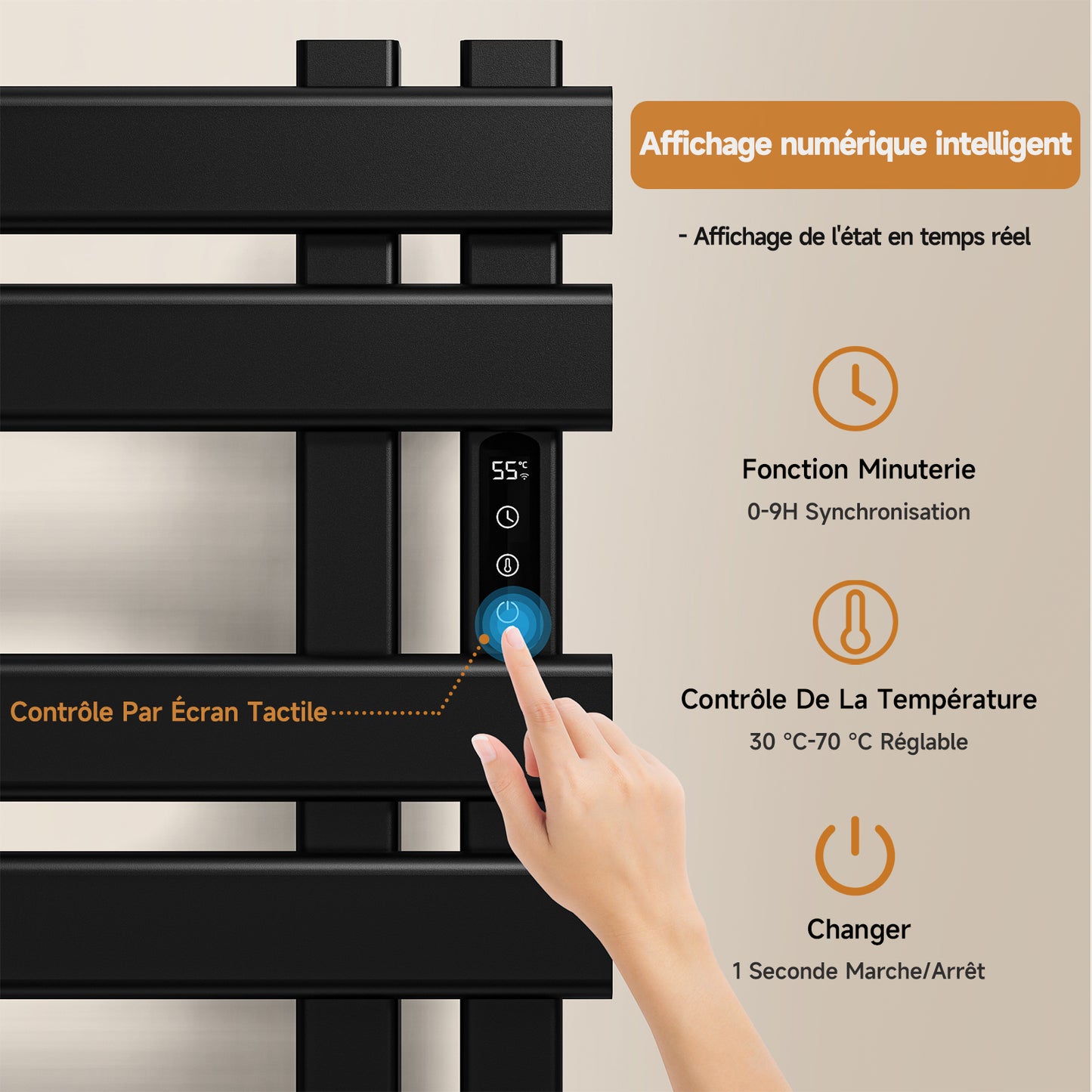 Sèche serviettes électrique,450x720mm WIFI Porte serviettes électrique,235W Porte serviettes thermostatique intelligent,Avec interrupteur tactile et minuterie,Compatible Google Home et app contrôle