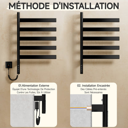 Sèche-Serviettes Électrique 675×450mm,Avec 5 Rotations À 180° Serviettes Électrique,Avec Écran Tactile LED,Réglage De La Synchronisation Et De La Température Chauffe Serviette Salle De Bain,Noir/Blanc