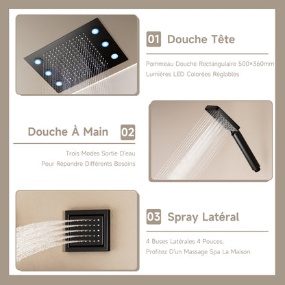 Colonne De Douche,Multifonctionnel Colonne De Douche Thermostatique Noir,Colonne Douche Encastrable,Avec Douche De Tête,Douchette À Main,Lumières LED Colorées,Jet Latéral De 4 Pouces Ensemble Douche