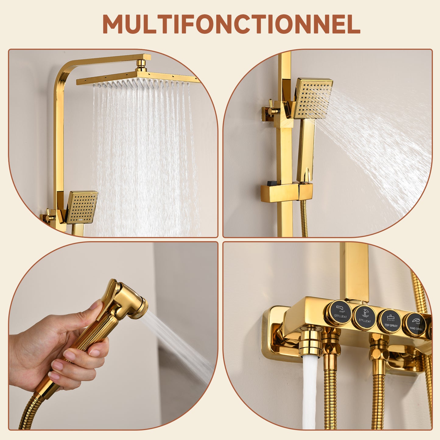 Colonne De Douche,Rétro Colone De Douche,Or Brossé Colonne De Douche Thermostatique,Multifonctionnel Colonne Douche Avec Tête De Douche,Douchette À Mains,Robinet De Baignoire,Bidet Pulvérisateur
