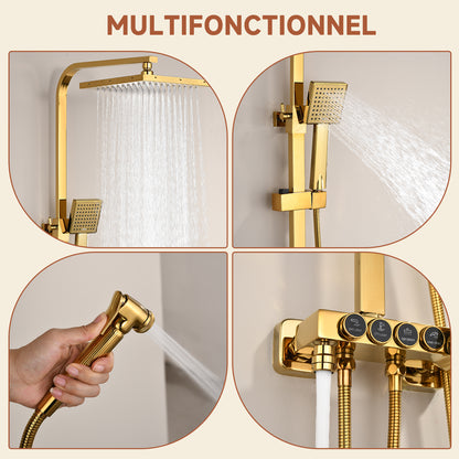 Colonne De Douche,Rétro Colone De Douche,Or Brossé Colonne De Douche Thermostatique,Multifonctionnel Colonne Douche Avec Tête De Douche,Douchette À Mains,Robinet De Baignoire,Bidet Pulvérisateur
