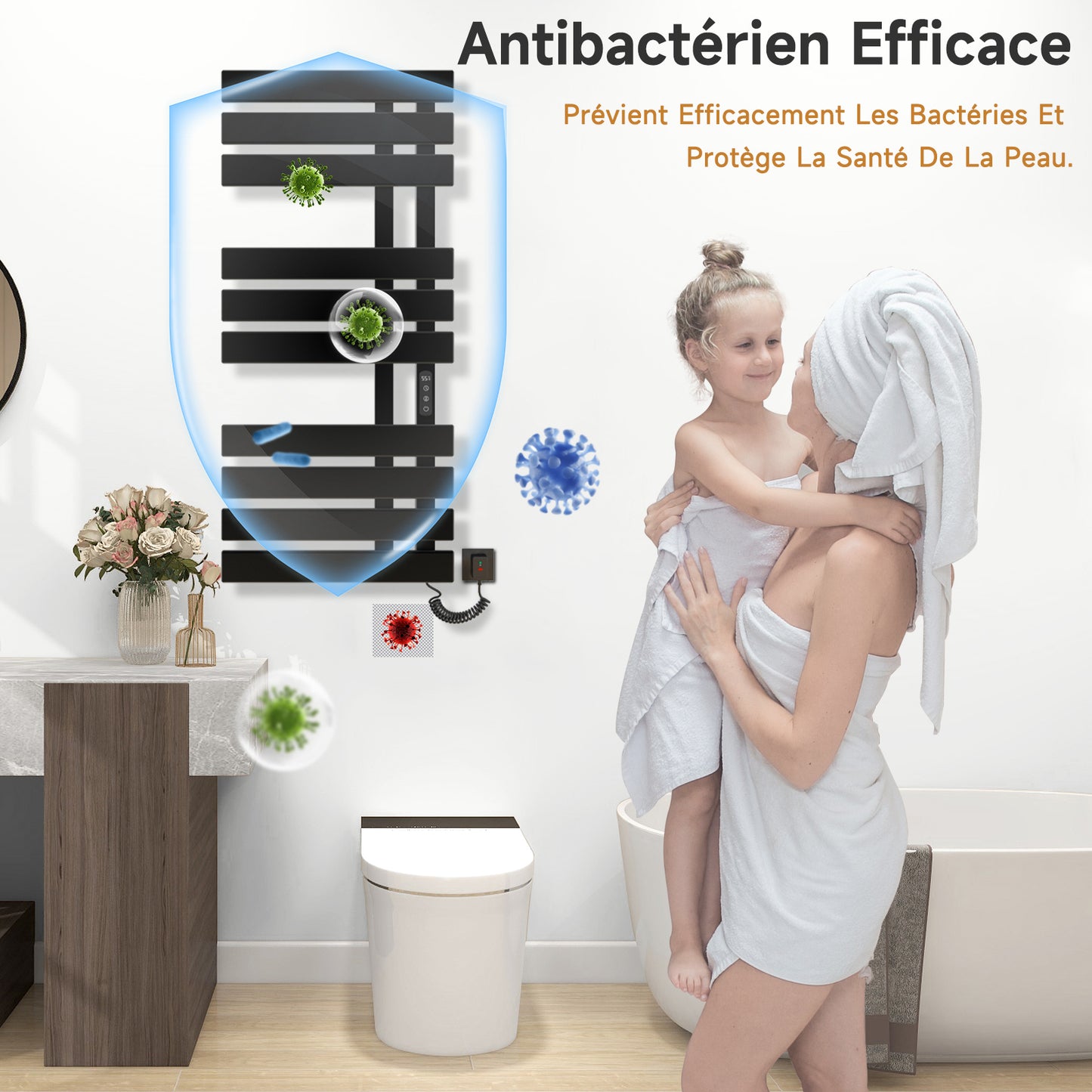 Sèche-serviette électrique, 500x1100mm Chauffe Serviette Thermostatique Intelligent, Mural Radiateur Salle de Bain, Serviettes Chauffant Seche, économie d'énergie,Affichage LED