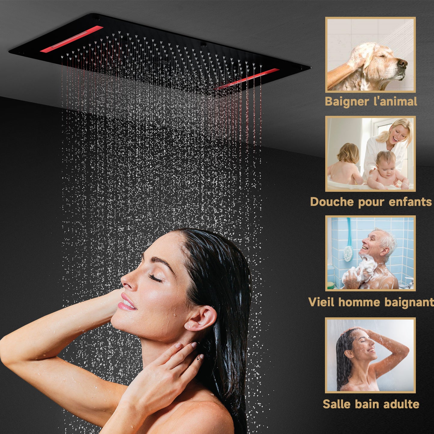 Colonne De Douche Thermostatique Multifonctionnelle, Set De Douche Encastré Noir, Douche De Tête 700×380 Mm Avec Lumières LED Colorées Et 5 Modes De Douche, Avec Douchette Et Robinetterie
