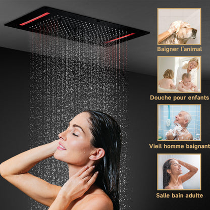 Colonne De Douche Thermostatique Multifonctionnelle, Set De Douche Encastré Noir, Douche De Tête 700×380 Mm Avec Lumières LED Colorées Et 5 Modes De Douche, Avec Douchette Et Robinetterie