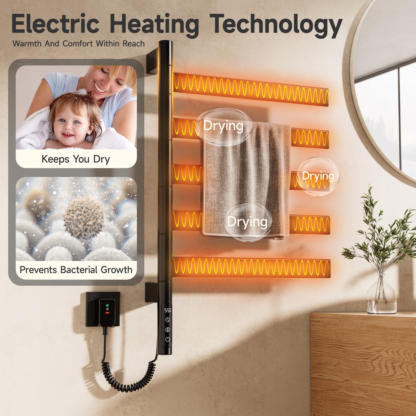 Sèche-Serviettes Électrique 675×450 Mm ,Rotation 180° Chauffe Serviette Salle De Bain,sèche Serviette Intelligent À Température Constante WiFi,Fonctionne Avec Alexa Et Google Home Et App