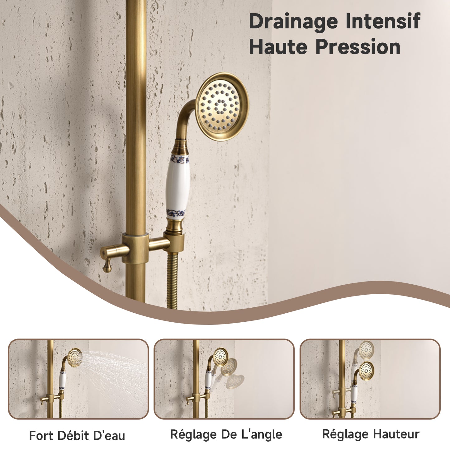 Colonne De Douche,Rétro Système De Douche,Colonne Douche Multifonctionnelle,Set De Douche Avec Rotatif Tête De Douche,Douchette À Mains,Réglable Douche Barre,Ensemble De Colonne De Douche Or Brossé