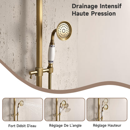 Colonne De Douche,Rétro Système De Douche,Colonne Douche Multifonctionnelle,Set De Douche Avec Rotatif Tête De Douche,Douchette À Mains,Réglable Douche Barre,Ensemble De Colonne De Douche Or Brossé