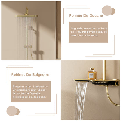 Colonne De Douche,Systeme de Douche Pluie Pour Salle De Bain,Avec Douchette,Avec Mitigeur,Pommeau De Douche Et Barre De Douche,Système De Douche Avec Écran Numérique, Or Brossé Ensemble De Douche