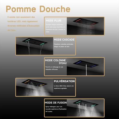 Colonne De Douche Thermostatique Multifonctionnelle, Set De Douche Encastré Noir, Douche De Tête 700×380 Mm Avec Lumières LED Colorées Et 5 Modes De Douche, Avec Douchette Et Robinetterie