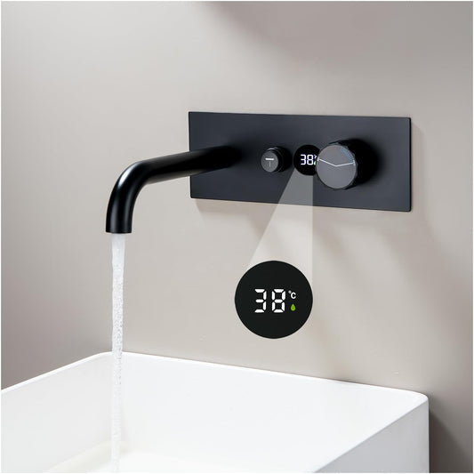 Robinet Noir Mural Salle de Bains avec Affichage de la Température LED Mitigeur Baignoire Robinet Lavabo Encastré Laition pour Baignoire et Lavabo Robinet Froid et Chaud