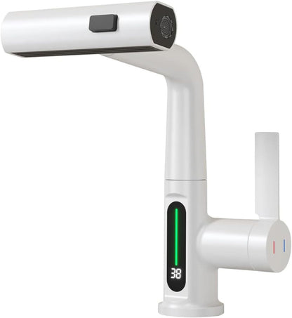 Robinet de Cuisine avec Douchette Extensible, Digital Affichage de la Température LED, Robinetterie Cuisine de Rotatif à 360°, 3 Modes Mitigeur d'Évier pour Lavabo Bains, Hauteur Réglable