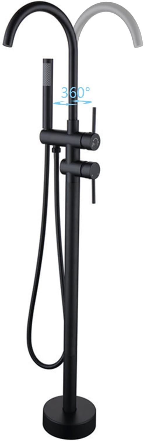 Robinet de Baignoire Ilot 2 Modes Mitigeur de Baignoire Ilot avec Douchette, Rotation à 360° Robinet de Baignoire sur Pied Laiton Robinet Mitigeur au Sol Moderne et Simple