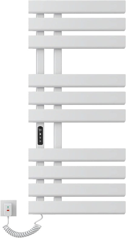 Elektrischer Handtuchhalter, 500 x 1100 mm, intelligenter thermostatischer Handtuchwärmer, wandmontierter Badezimmerheizkörper, beheizter Handtuchtrockner, energiesparend, LED-Anzeige, weiß rechts 