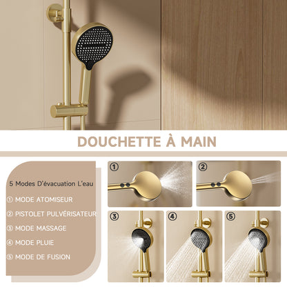 Colonne De Douche,Systeme de Douche Pluie Pour Salle De Bain,Avec Douchette,Avec Mitigeur,Pommeau De Douche Et Barre De Douche,Système De Douche Avec Écran Numérique, Or Brossé Ensemble De Douche
