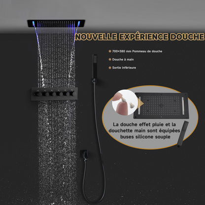 Colonne De Douche Thermostatique Multifonctionnelle, Set De Douche Encastré Noir, Douche De Tête 700×380 Mm Avec Lumières LED Colorées Et 5 Modes De Douche, Avec Douchette Et Robinetterie