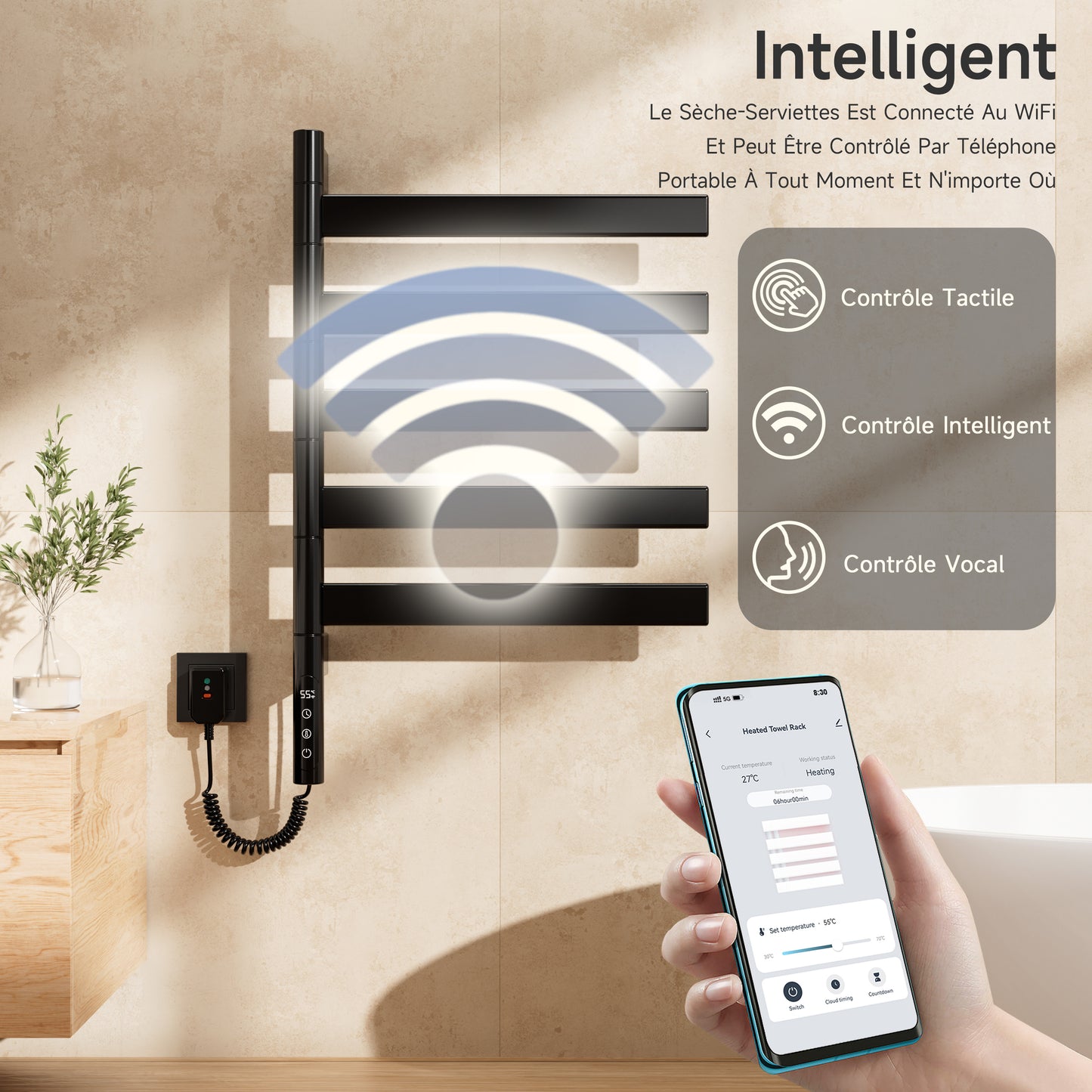 Sèche-Serviettes Électrique 675×450 Mm ,Rotation 180° Chauffe Serviette Salle De Bain,sèche Serviette Intelligent À Température Constante WiFi,Fonctionne Avec Alexa Et Google Home Et App