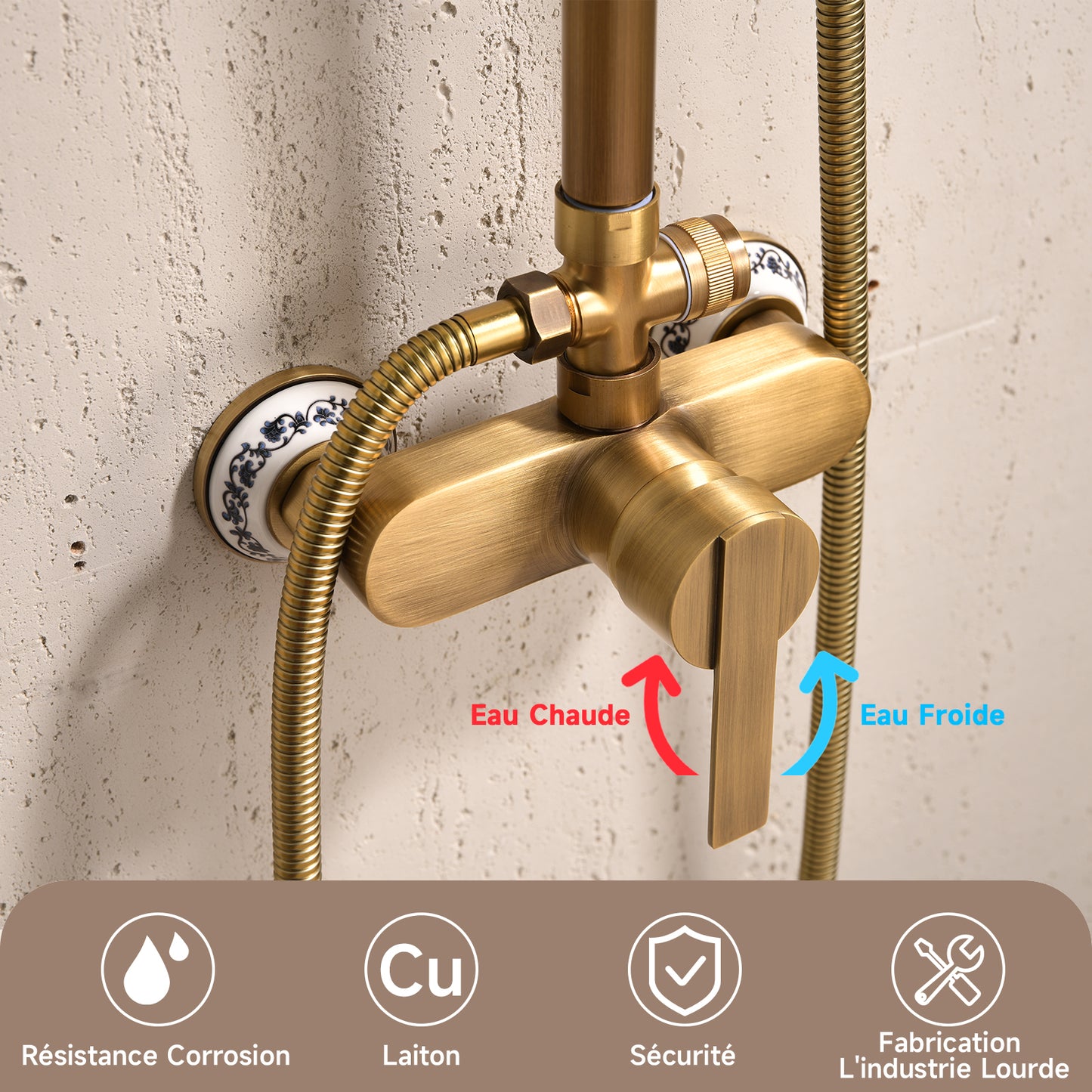 Colonne De Douche,Rétro Système De Douche,Colonne Douche Multifonctionnelle,Set De Douche Avec Rotatif Tête De Douche,Douchette À Mains,Réglable Douche Barre,Ensemble De Colonne De Douche Or Brossé