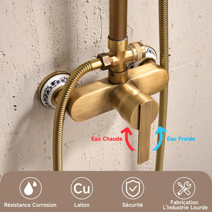 Colonne De Douche,Rétro Système De Douche,Colonne Douche Multifonctionnelle,Set De Douche Avec Rotatif Tête De Douche,Douchette À Mains,Réglable Douche Barre,Ensemble De Colonne De Douche Or Brossé