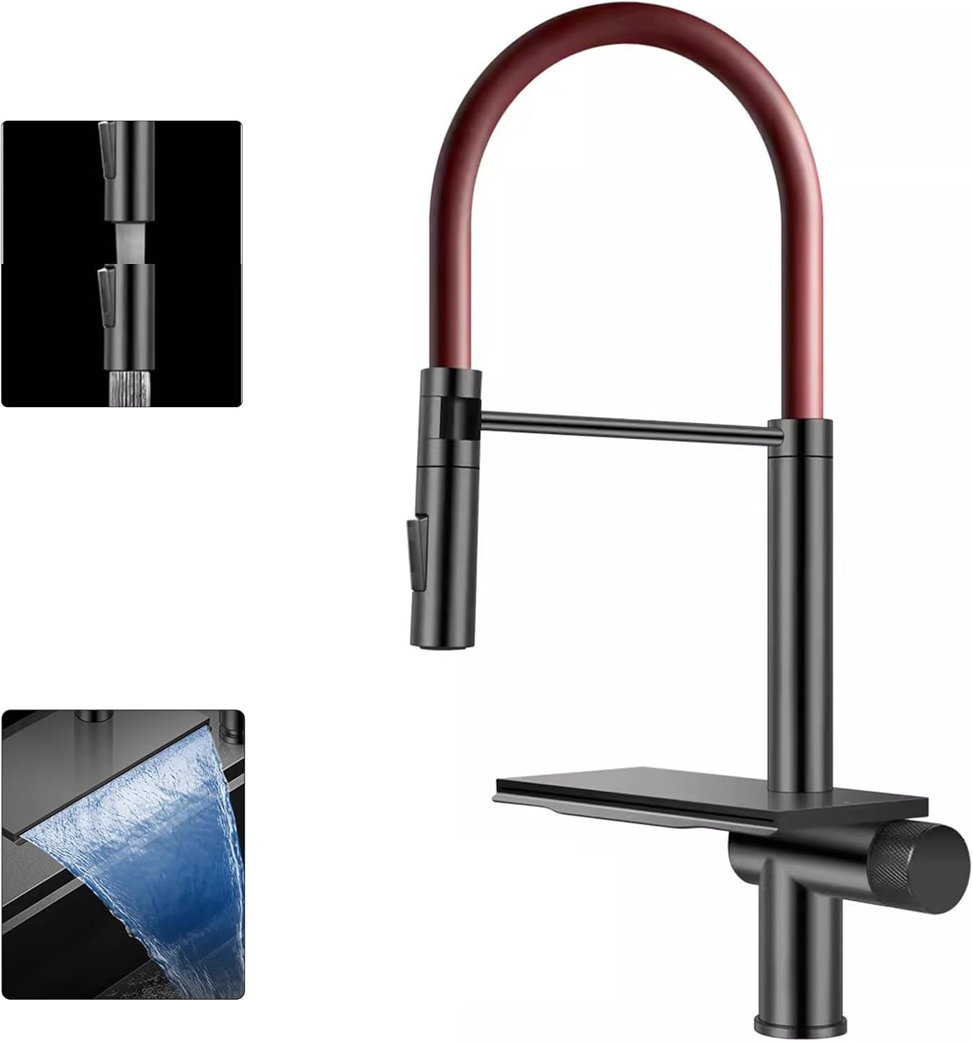 Robinet de Cuisine Cascade Rouge avec Pulvérisateur Escamotable 3 Fonctions de Pulvérisation, Mitigeur Cuisine Chaud Et Froid Avec Rotation À 360°, Acier Inoxydable SUS304
