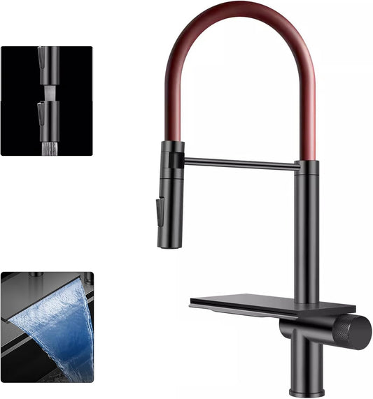 Robinet de Cuisine Cascade Rouge avec Pulvérisateur Escamotable 3 Fonctions de Pulvérisation, Mitigeur Cuisine Chaud Et Froid Avec Rotation À 360°, Acier Inoxydable SUS304