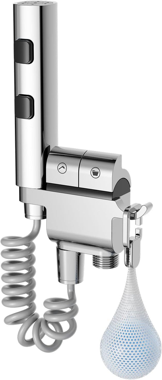 Kit Douchette Wc, Pulvérisateur De Douche, 2 Mode Pulverisateur a Main, Ensemble De Douche Bidet Avec 1-in-2-out Interrupteur À Double Commande Laiton Valve G1/2" Pour L'hygiène Personnelle (Chrome)
