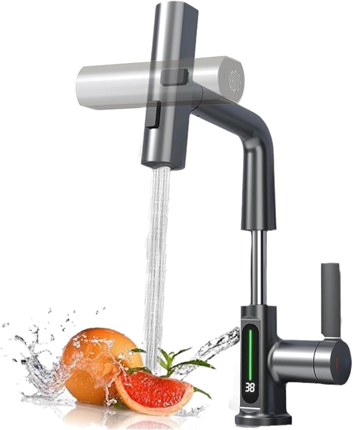 Robinet de Cuisine avec Douchette Extensible, Digital Affichage de la Température LED, Robinetterie Cuisine de Rotatif à 360°, 3 Modes Mitigeur d'Évier pour Lavabo Bains, Hauteur Réglable