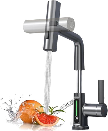 Robinet de Cuisine avec Douchette Extensible, Digital Affichage de la Température LED, Robinetterie Cuisine de Rotatif à 360°, 3 Modes Mitigeur d'Évier pour Lavabo Bains, Hauteur Réglable