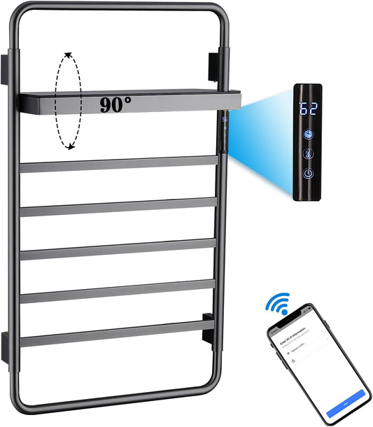 Sèche-Serviettes Électrique Intelligent WiFi Commande Vocale avec Étagère Pliable, avec Minuterie, 45-70 °C, 5 Barres 65 W Porte-Serviettes Chauffant, 85x50CM Radiateur De Salle De Bain