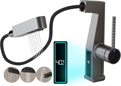 Robinet de Lavabo avec Douchette 3 Modes, Extractible Robinet de Salle de Bain avec Affichage Numérique LED Mitigeur Lavabo Monocommande Chaude et Froide Robinet Salle de Bain