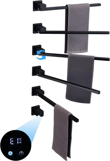 Schwarzer elektrischer Handtuchhalter, intelligenter WiFi-elektrischer Handtuchtrockner mit Timer, 45–60 °C, 5 Stangen, 180° drehbarer Handtuchwärmer, Heizkörper, Edelstahl, verkabelt, Wandmontage
