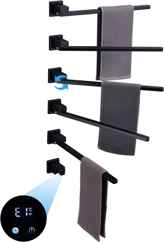 Schwarzer elektrischer Handtuchhalter, intelligenter WiFi-elektrischer Handtuchtrockner mit Timer, 45–60 °C, 5 Stangen, 180° drehbarer Handtuchwärmer, Heizkörper, Edelstahl, verkabelt, Wandmontage