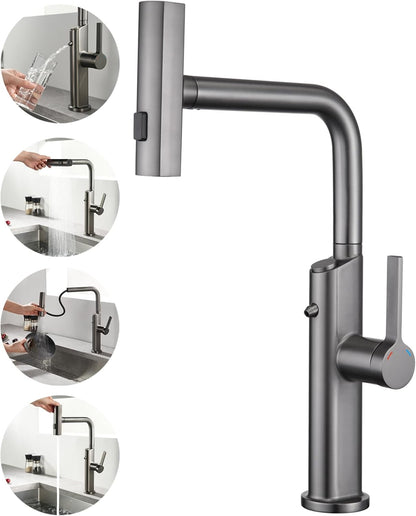Cuisine 3 Voies avec Douchette Extractible, Robinetterie eau Potable Pivotant à 360°, 4 Modes Robinet Cuisine Cascade, Robinet Mitigeur Évier de Cuisine pour Systèmes d'Osmose