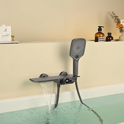 Robinet De Baignoire Cascade avec Affichage de la Température, Mitigeur Baignoire Mural avec Douchette À 3 Fonctions Robinet Pour Bain De Salle De Bain, Laiton (Gris Pistolet)