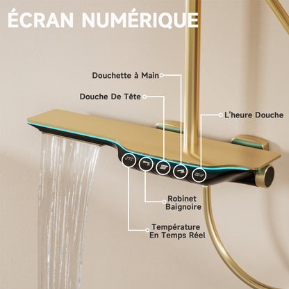 Colonne De Douche,Systeme de Douche Pluie Pour Salle De Bain,Avec Douchette,Avec Mitigeur,Pommeau De Douche Et Barre De Douche,Système De Douche Avec Écran Numérique, Or Brossé Ensemble De Douche